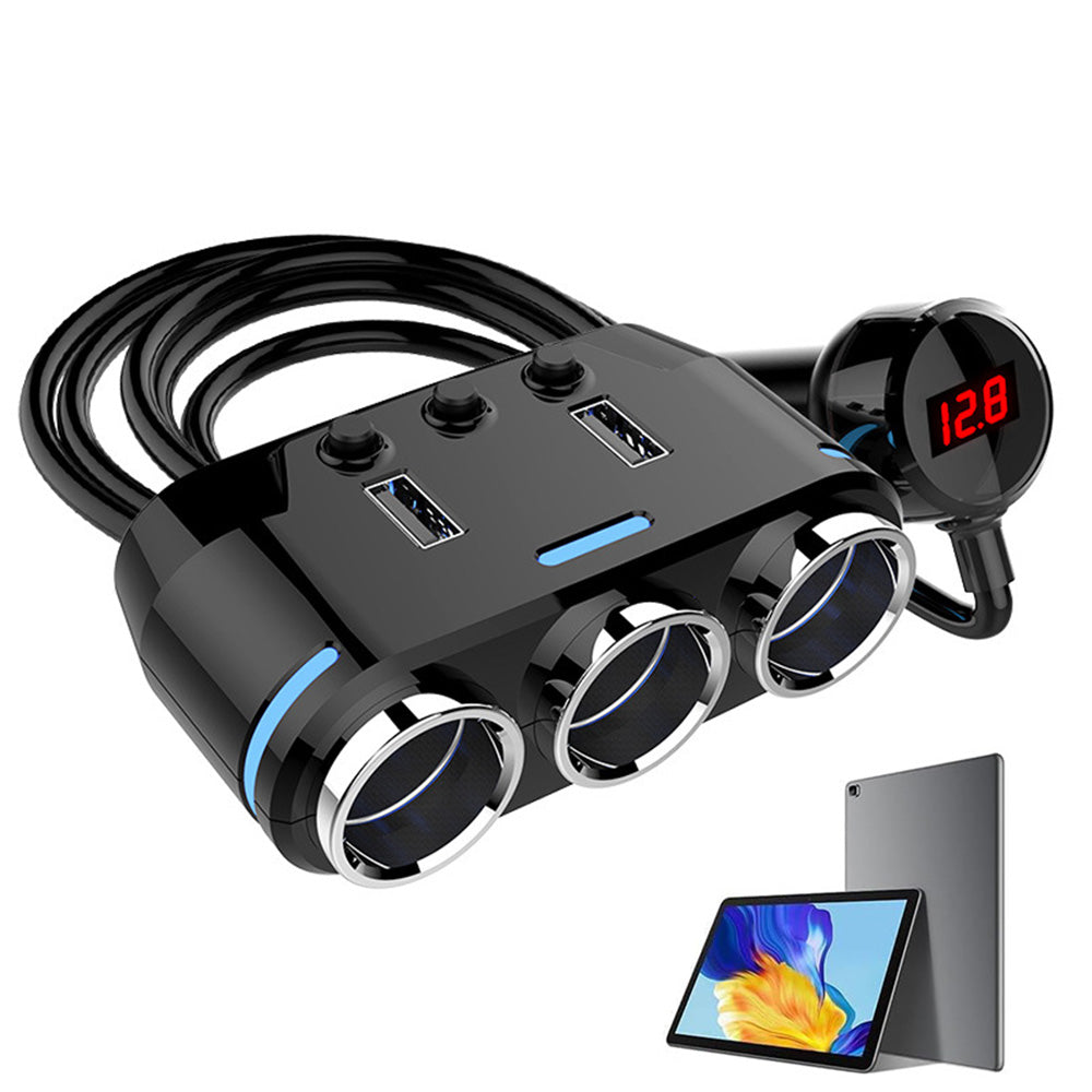 3 Way 12V Car Cigarette Lighter Splitter Dual USB Charger Digital Display