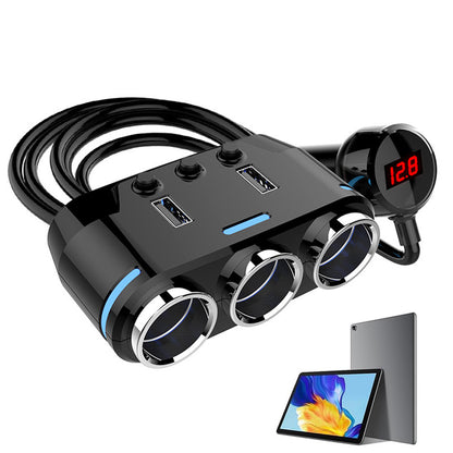 3 Way 12V Car Cigarette Lighter Splitter Dual USB Charger Digital Display