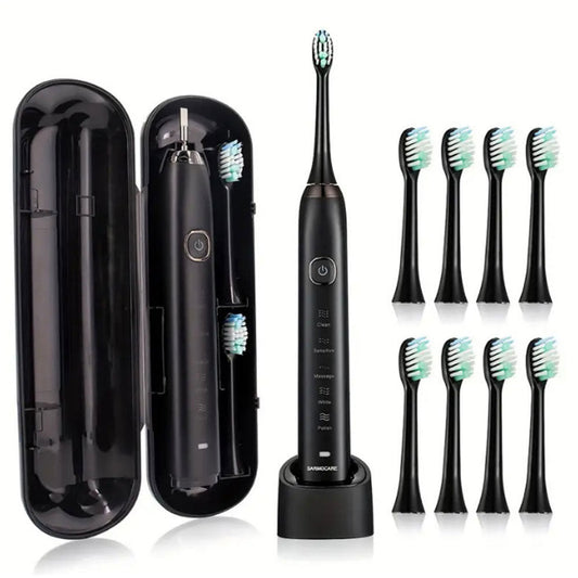 5-Mode Sonic Electric Toothbrush with 8 Brush Heads Travel Toothbrush with Case Black