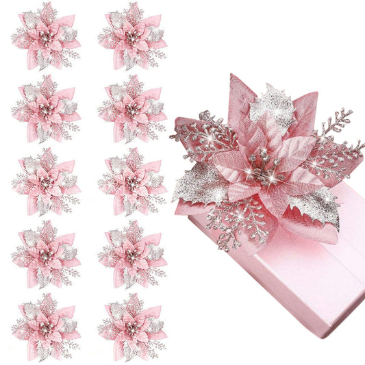 10Pcs Red and Gold Poinsettia Artificial Christmas Flowers ¨C Xmas Tree Ornaments Pink