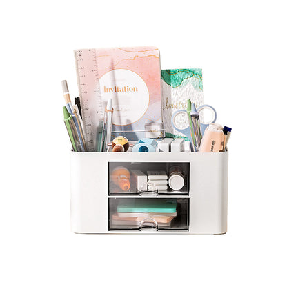 Multi-Functional Pen Organizer with 2 Drawer Office Art Supplies Holder for Desk White