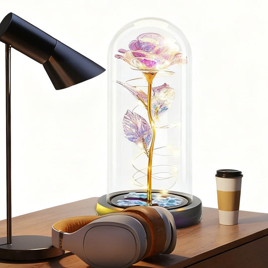 Eternal Rose Night Light in Glass Dome with LED for Bedroom Home Decor Gold