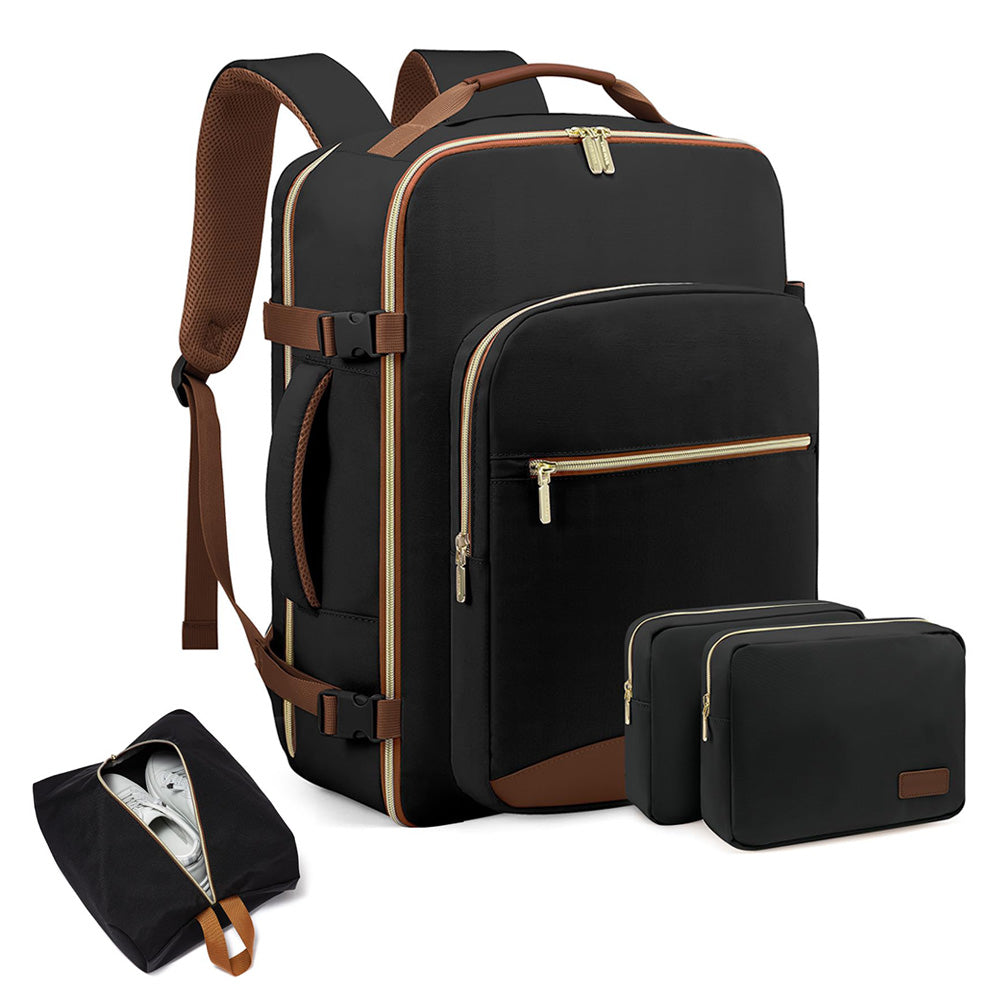 40L Travel Backpack for Men & Women Waterproof Carry-On Bag with 3 Storage Pockets Black