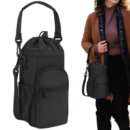 Multi-pocket Water Bottle Sleeve with Adjustable Strap Insulated Bottle Carrier Sling Bag for Walking Hiking Black