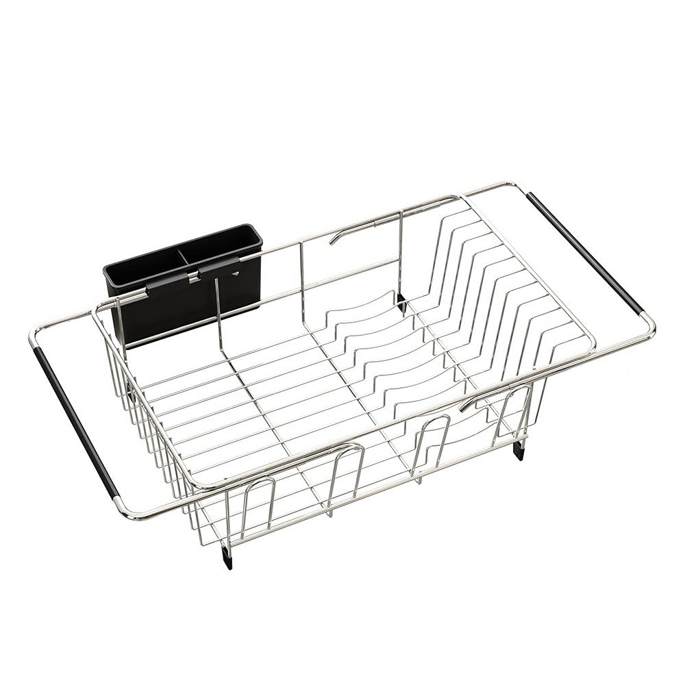Expandable Over Sink Dish Drying Rack Stainless Steel with Utensil Holder Silver