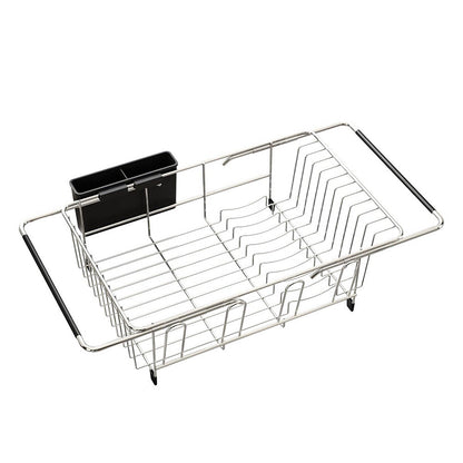 Expandable Over Sink Dish Drying Rack Stainless Steel with Utensil Holder Silver