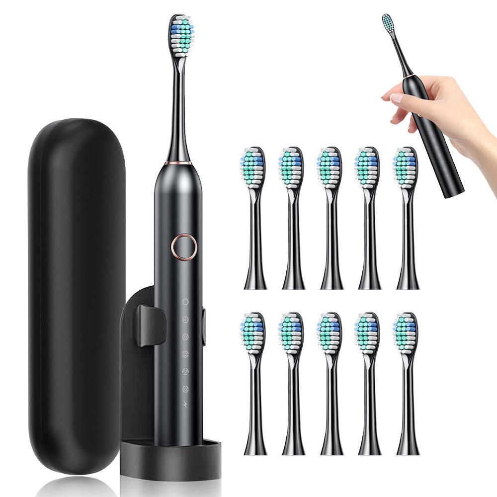6-Mode Electric Toothbrush with 10 Brush Heads Rechargeable  Toothbrush Set for Home Travel Black
