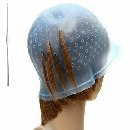 Reusable Silicone Hair Highlighting Cap with Stainless Steel Hook-Blue