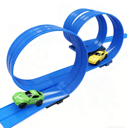 5-Meter Flexible Race Car Track with Base and 360-Degree Rotating Cars for Home Play Blue