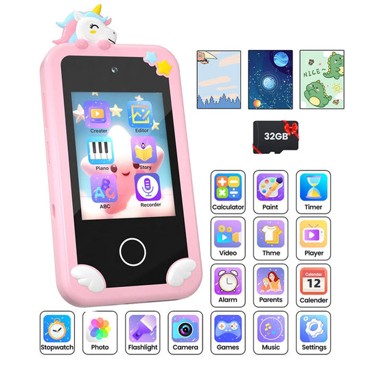 Kids Dual Camera Smart Phone Toy Touchscreen Phone with 32G TF Card Christmas Birthday Learning Play Toy Pink