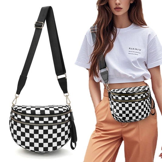 Checkered Crossbody Bag Women Sling Bag with Adjusatble Shoulder Strap Black