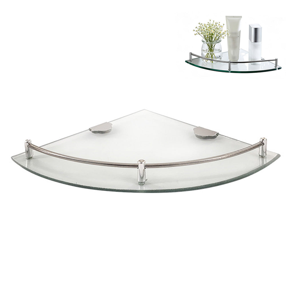 Glass Corner Bathroom Shelf with Stainless Steel Guard Rail