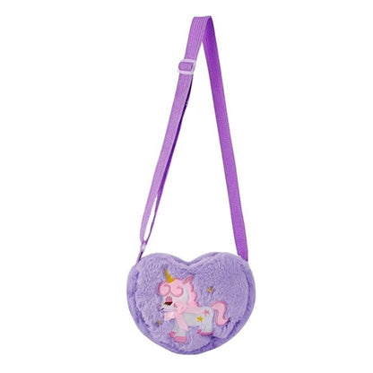 Cute Plush Unicorn Crossbody Bag Heart Shape Zipper Shoulder Bag for Girls Purple