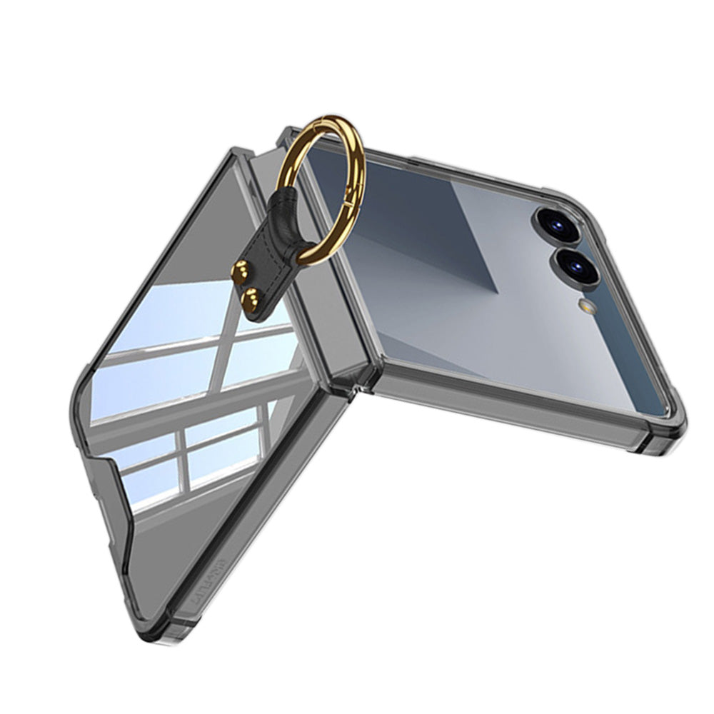 Transparent Case with Ring Holder Tempered Glass Protector for Samsung Galaxy Z Flip7 Black