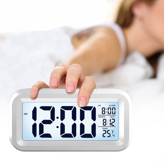 Digital Alarm Clock Battery Operated Desk Smart Clock with Night Light/Indoor Temperature White