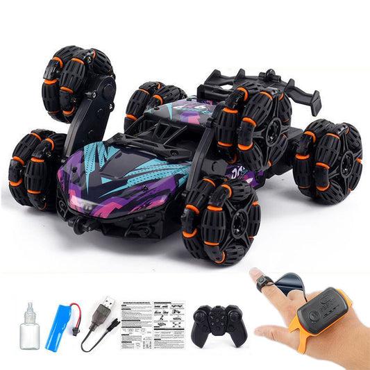 Dual Remote Control 6-Wheel Stunt Car Watch Gesture Controlled 2.4Ghz RC Spray Car Toy Purple