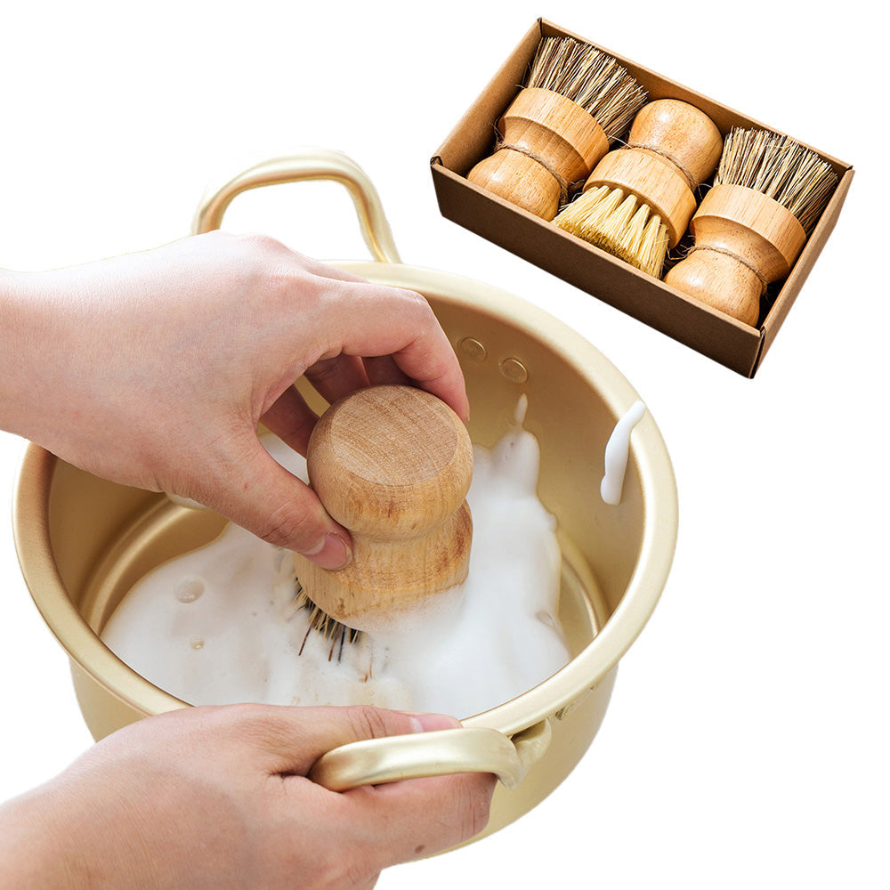 3PCS Bamboo Round Mini Dish Brushes ¨C Natural Cleaning Kitchen Scrubber Set