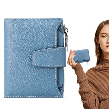 Genuine Leather Women's Wallet Short RFID Blocking Purse with Zipper Light blue