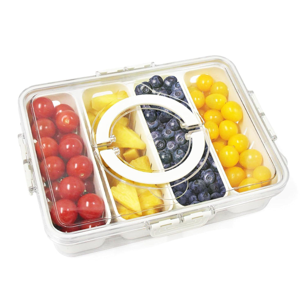 4-Compartment Snack Fruit Tray Divided Serving Tray Fresh-keeping Box with Lid and Handle