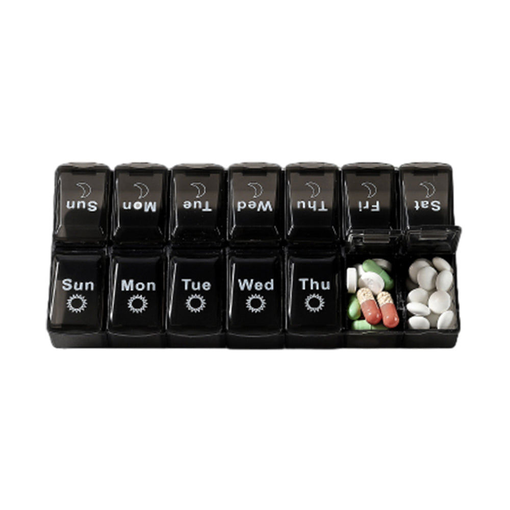 Pill Box Organiser 7-Day Weekly for AM PM Day Night Pill Case with 14 Compartments Black