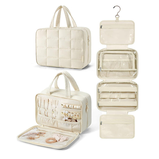 Travel Toiletry Bag with Jewelry Organizer Hanging Travel Makeup Cosmetic Bag Organizer Beige
