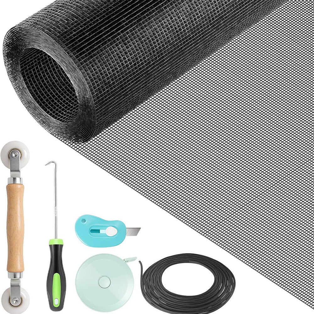 DIY Window Screen Repair Kit Fiberglass Mesh with Tools-Black