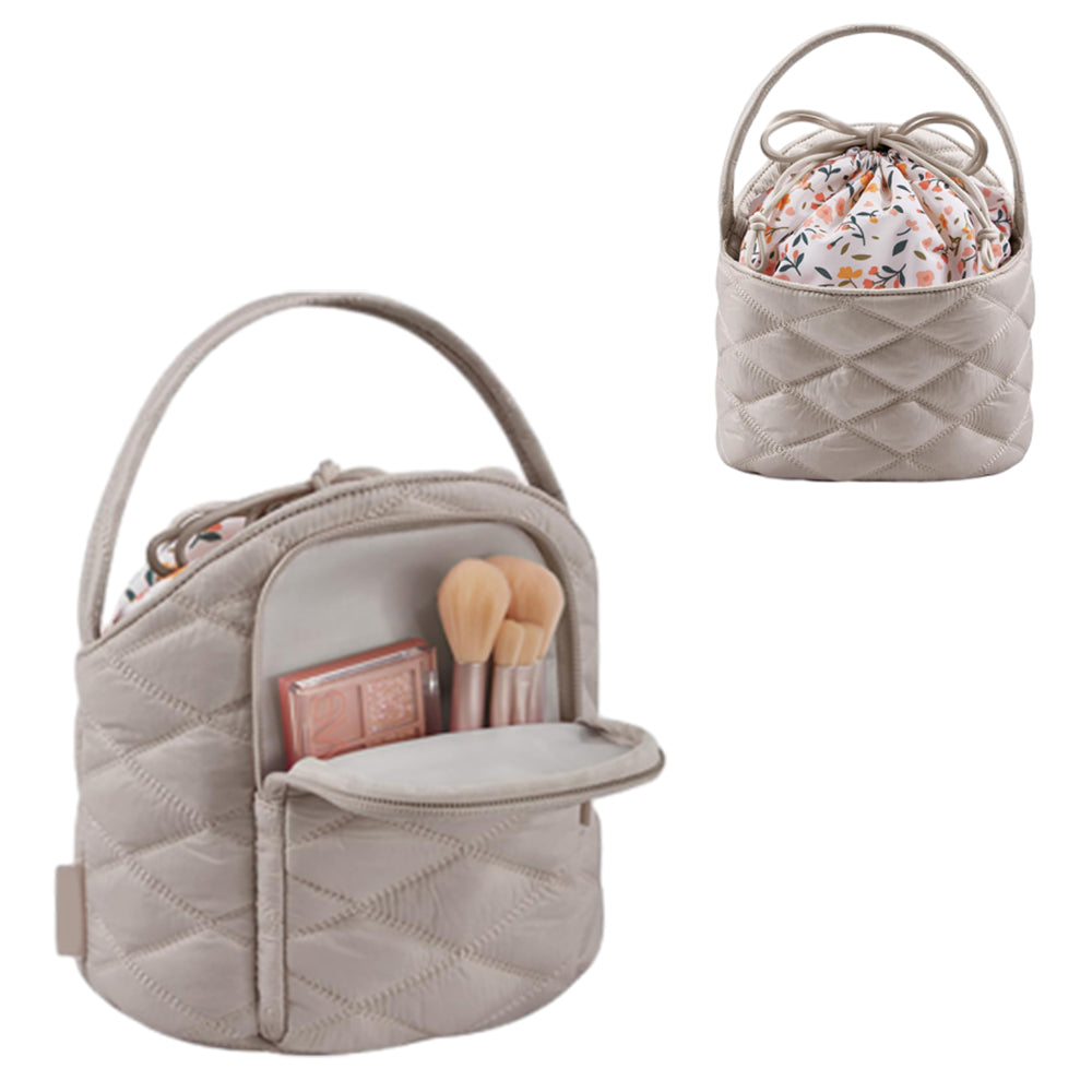 Stylish Barrel Drawstring Makeup Bag Travel Cosmetic Bags Toiletry Organizer Apricot