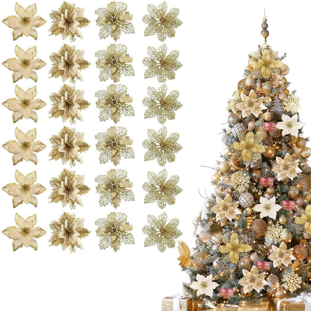 24Pcs Artificial Flowers Christmas Tree Ornaments for Wreath Fireplace Stairs Decor Gold