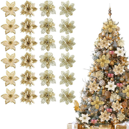 24Pcs Artificial Flowers Christmas Tree Ornaments for Wreath Fireplace Stairs Decor Gold
