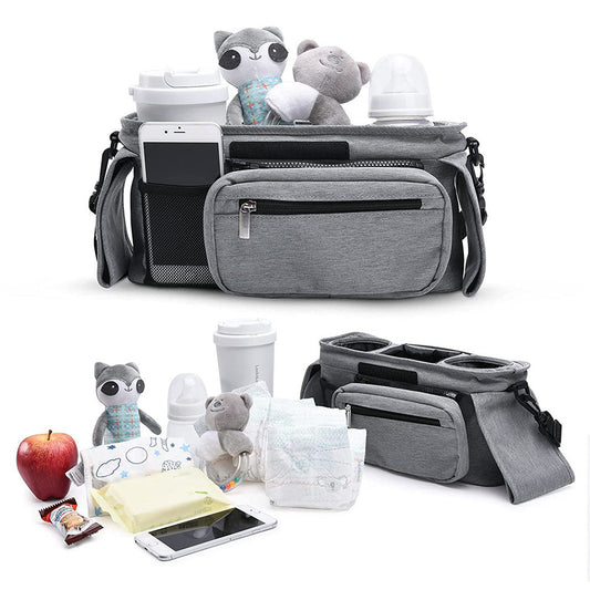 Universal Stroller Organizer with Cup Holder Travel Essential Caddy with Shoulder Strap Grey