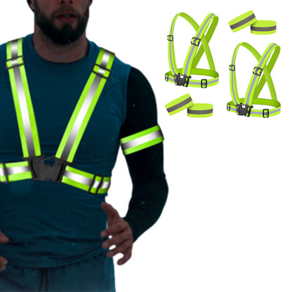 2Pcs Adjustable Reflective Vests and 4 Bands High-Visibility Elastic Gear for Night Running Cycling Green