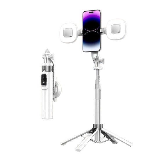 Portable Phone Tripod Stand Retractable Selfie Stick with Remote Control and Fill Light for Photograph Video Recording White