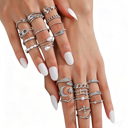 23Pcs Geometric Knuckle Ring Set Stackable Rings-Silver