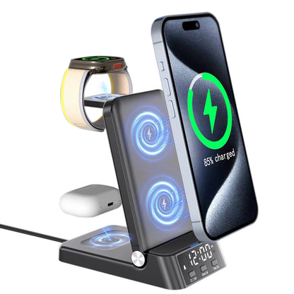 3-in-1 Wireless Charging Station with Digital Alarm Clock Fast Charging Dock for Samsung Black