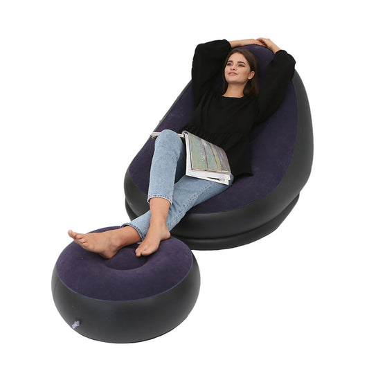 Inflatable Sofa Couch and Footrest Set Flocking Blow Up Couch Chair Set for Camping Balcony Bedroom Navy Blue