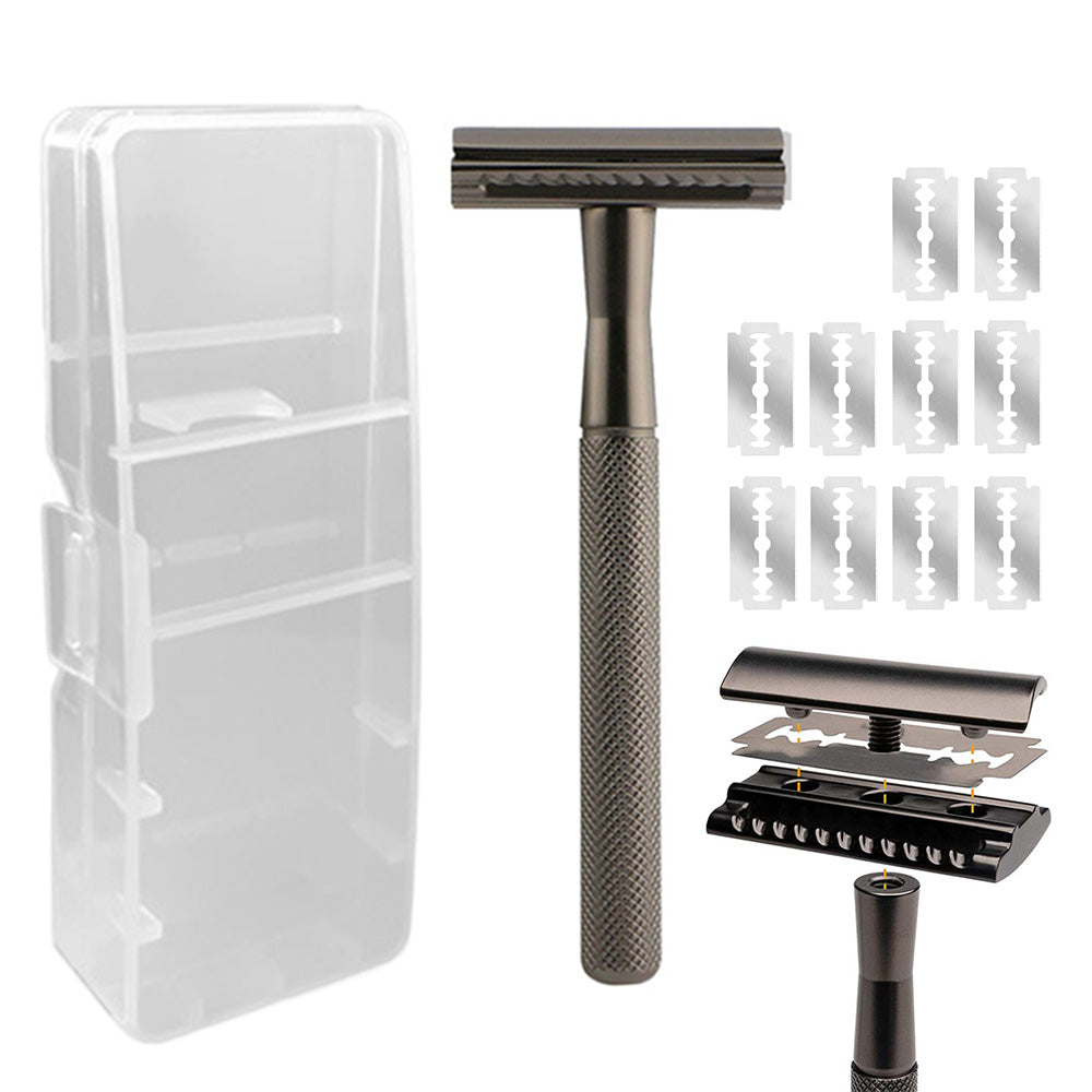 Matte Double Edge Safety Razor Manual with 10 Blades for Men Shaving Black