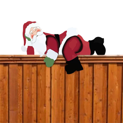 Santa Peeking Over Fence Sign Outdoor Christmas Yard Decoration for Garden