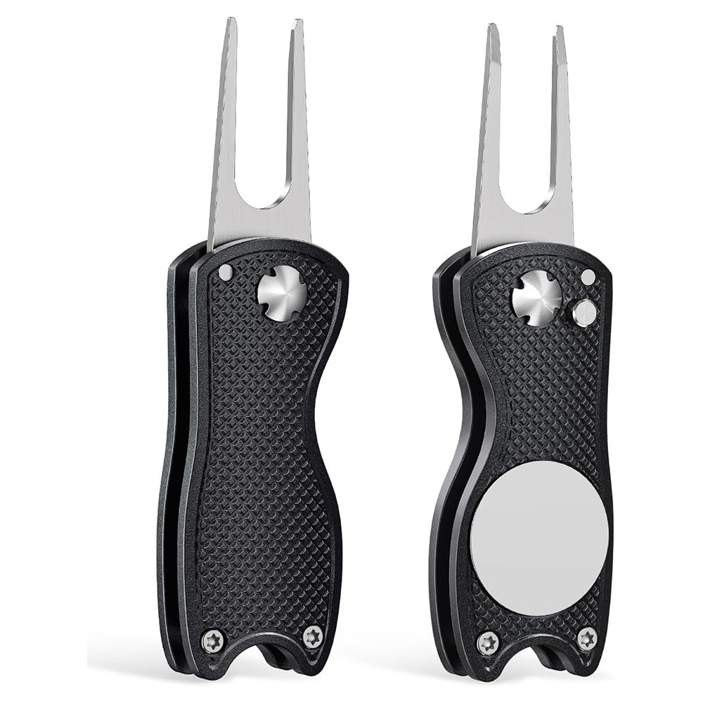 2PCS Magnetized Golf Divot Repair Tool with Pop-up Fork and Ball Marker Black