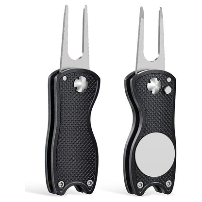 2PCS Magnetized Golf Divot Repair Tool with Pop-up Fork and Ball Marker Black