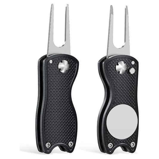2PCS Magnetized Golf Divot Repair Tool with Pop-up Fork and Ball Marker Black