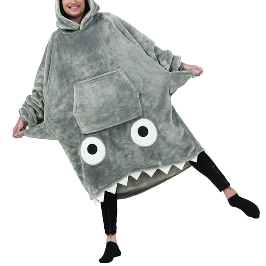 Shark Hoodie Blanket Cartoon Sleeping Wearable Adult Throw Blanket Grey