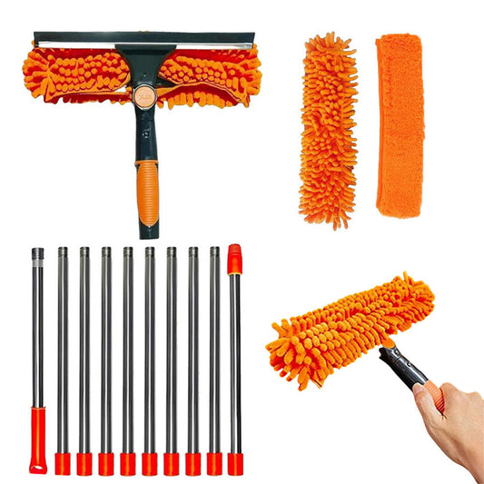 2-in-1 Extendable Window Squeegee Cleaner Tool Rotating Scrubber with 2 Replacement Cloths Orange