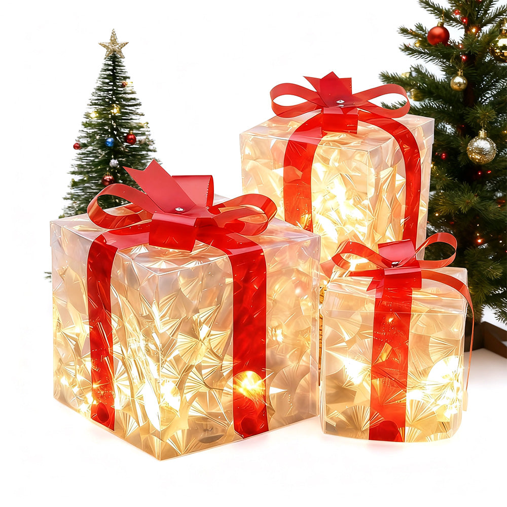 3-Pack 3D Christmas Gift Boxes with LED Lights Holiday Decorations Style 1