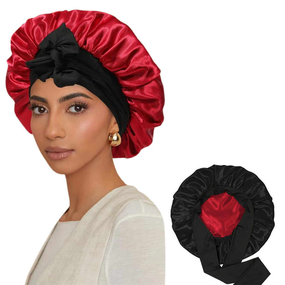 Satin Night Sleep Cap for Women Hair Bonnet with Elastic Band Black