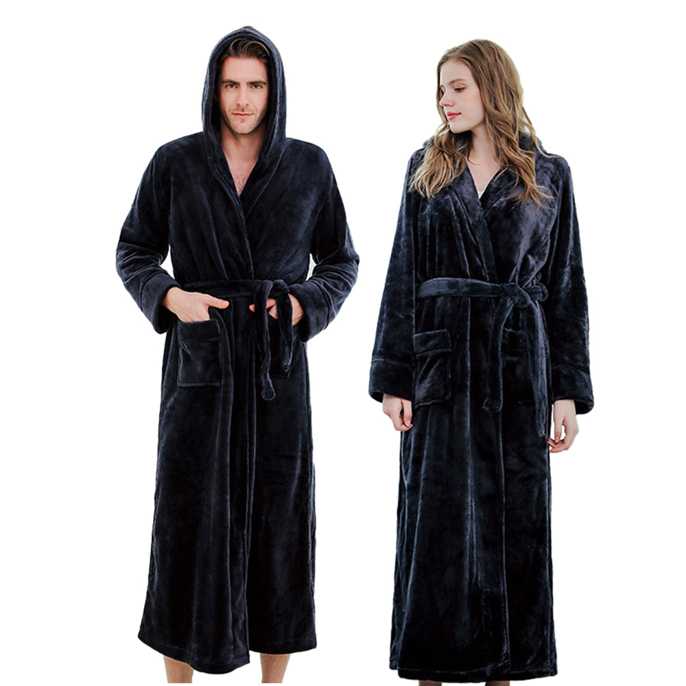 Unisex Winter Long Bathrobe Solid Warm Hooded Bath Robe for Lovers Dark Blue