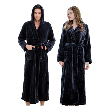 Unisex Winter Long Bathrobe Solid Warm Hooded Bath Robe for Lovers Dark Blue