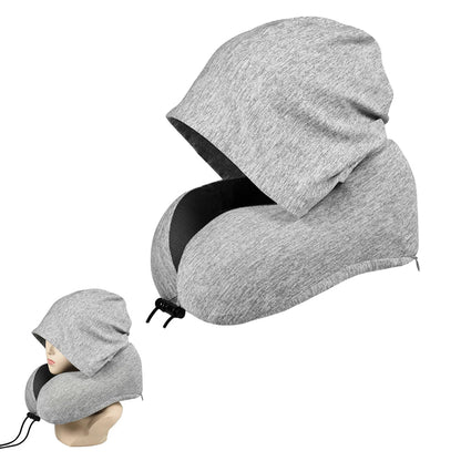 Travel Neck Pillow Hooded U Shaped Neck Cushion for Airplane Car Rest Light Gray