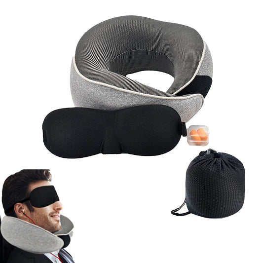Travel Pillow Set Memory Foam Neck Pillow with Earplugs and Eye Mask Light Gray