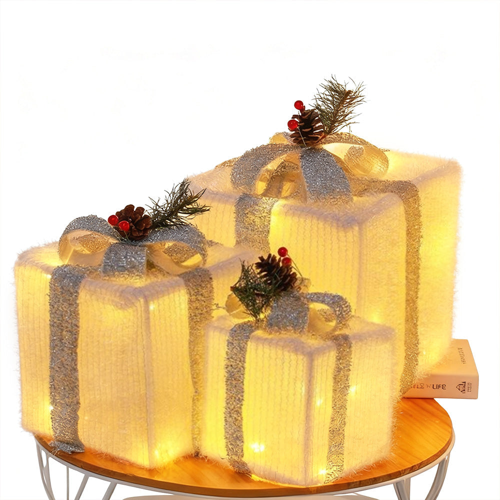 3PCS Lighted Christmas Gift Boxes with 8 Modes for Indoor and Outdoor Decor Silver