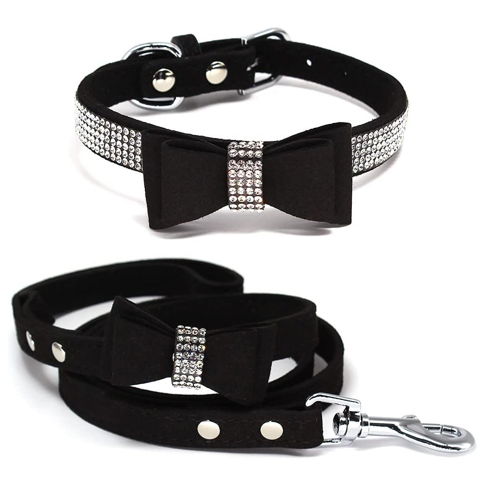 Dazzling Rhinestone Dog Collar and Leash Set with Bow Knot for Small Dogs and Puppies Black